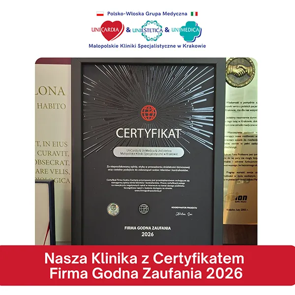 Certyfikat Firma Godna Zaufania 2026 przyznany klinikom Unicardia, Uniestetica i Unimedica w Krakowie